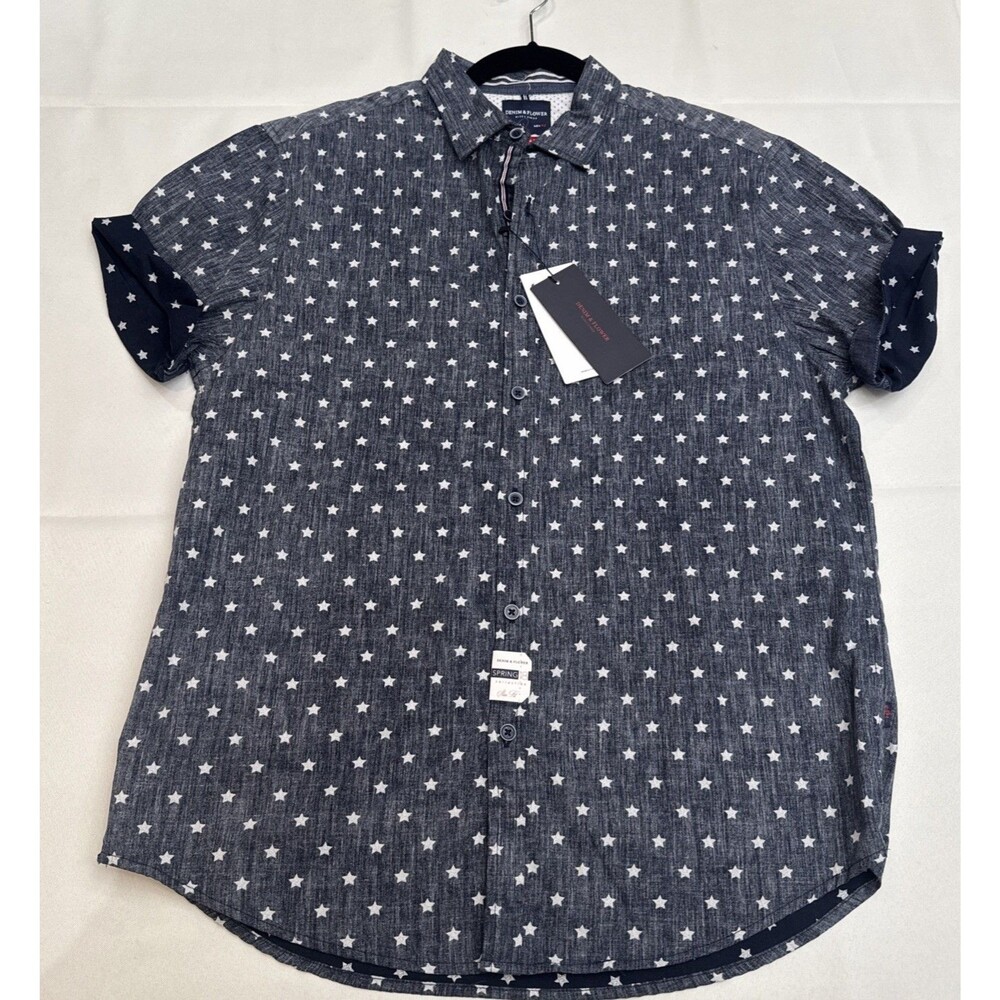 Denim & Flower Ricky Singh Mens Sz L Slim Fit Stars Button Long Sleeve Shirt NWT